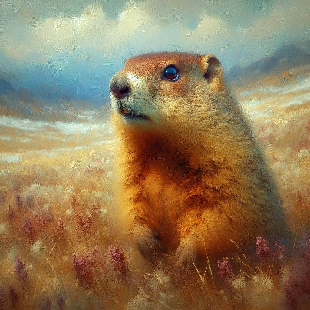 a painterly portrait of a groundhog alone in a field